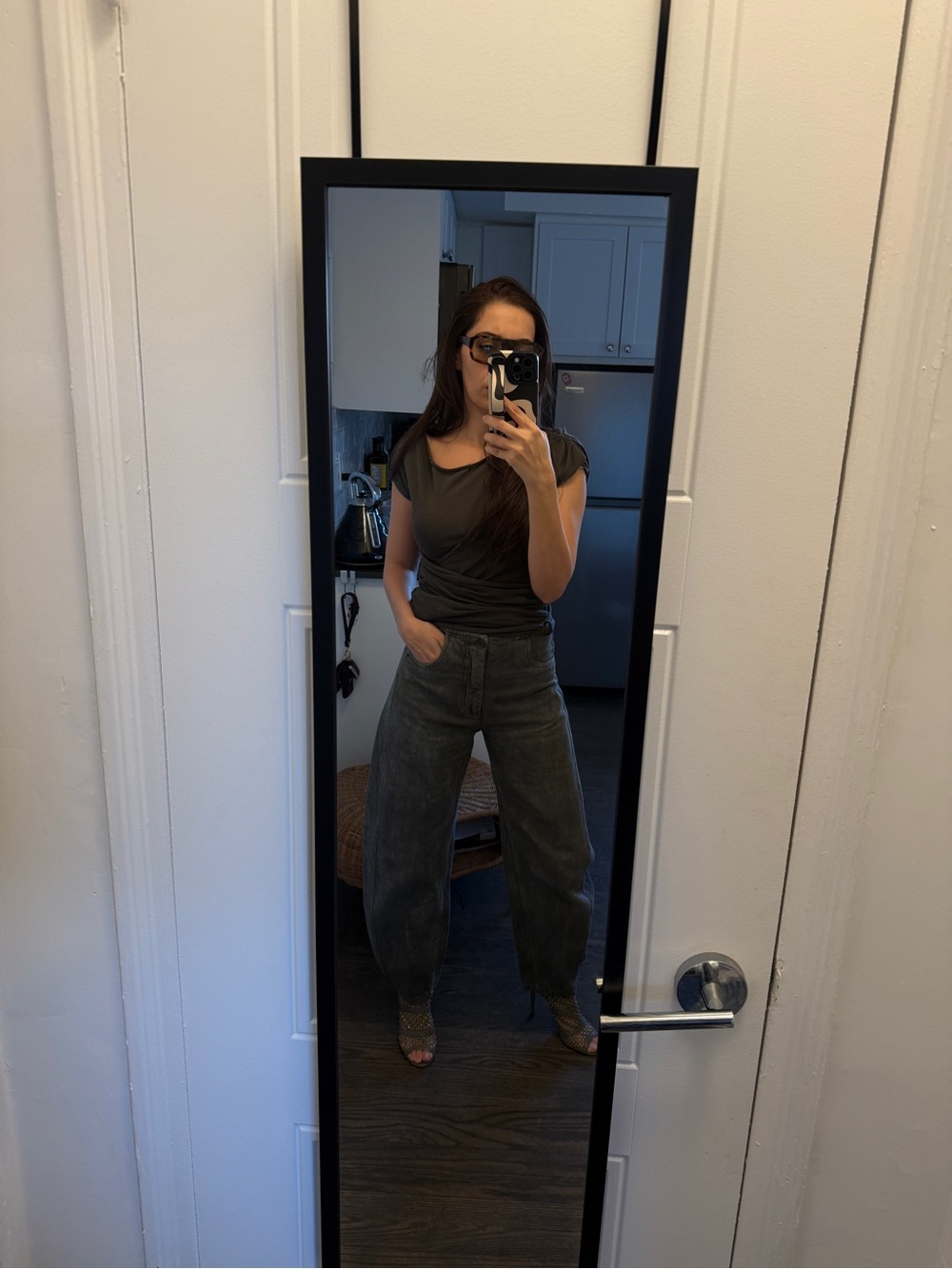 Zara Gray High-Waist Button Jeans and gray top